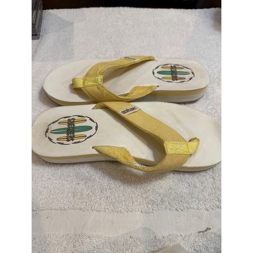 Vintage Skechers Platform Flip Flops Yellow Canvas Surfboard Graphic Womens 8